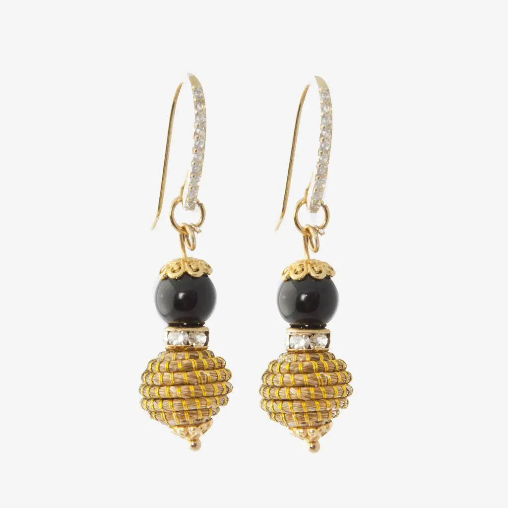 Uriel Earrings in Black — golden grass jewelry designed by Orit, handwoven in the Cerrado, Oroboros