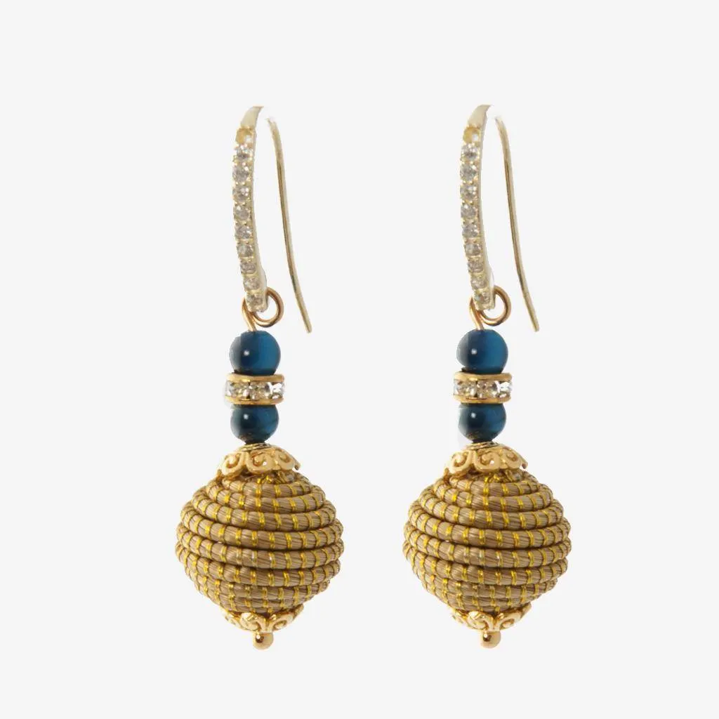 Uriel Earrings in Turquoise — golden grass jewelry designed by Orit, handwoven in the Cerrado, Oroboros